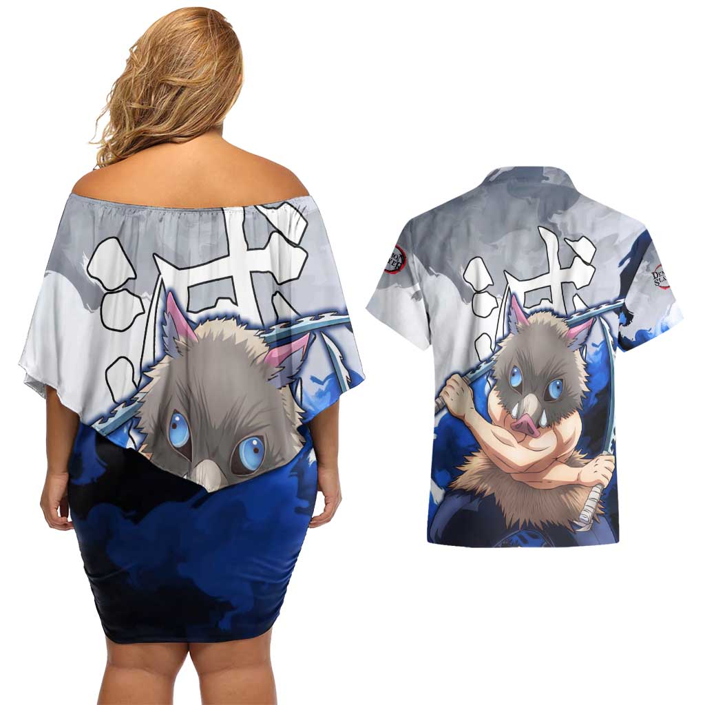 Inosuke - Demon Slayer Couples Matching Off Shoulder Short Dress and Hawaiian Shirt Anime Style