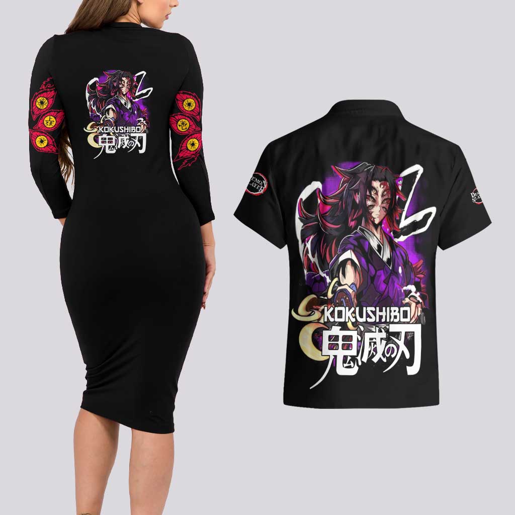 Kokushibo Demon Slayer Couples Matching Long Sleeve Bodycon Dress and Hawaiian Shirt Anime Style TS04