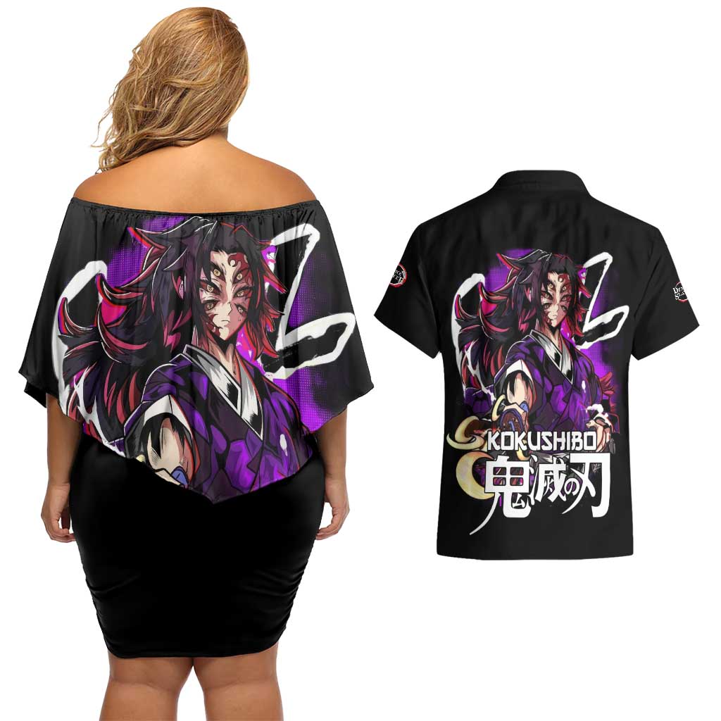 Kokushibo Demon Slayer Couples Matching Off Shoulder Short Dress and Hawaiian Shirt Anime Style TS04