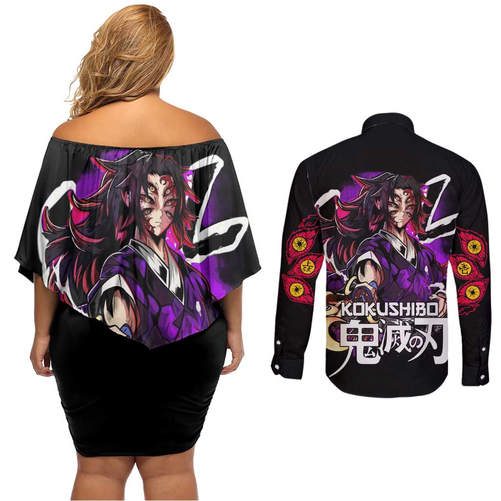Kokushibo Demon Slayer Couples Matching Off Shoulder Short Dress and Long Sleeve Button Shirt Anime Style TS04