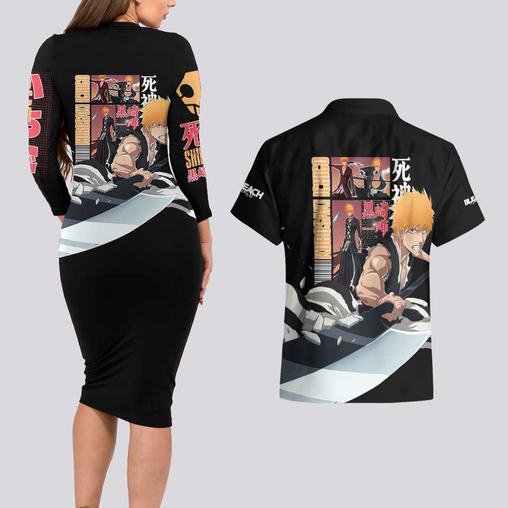 Kurosaki Ichigo TYBWA V3 Bleach Couples Matching Long Sleeve Bodycon Dress and Hawaiian Shirt Anime Style