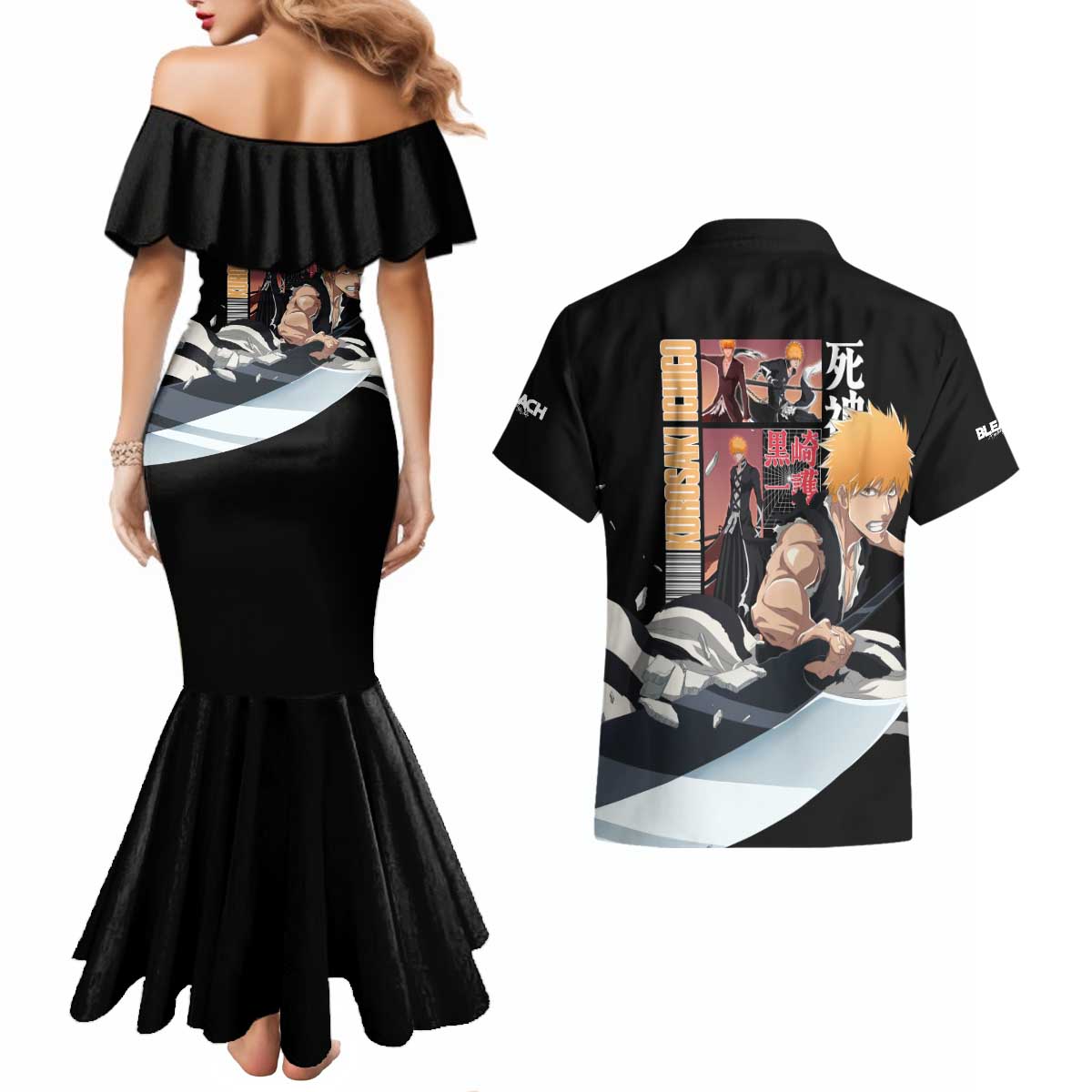 Kurosaki Ichigo TYBWA V3 Bleach Couples Matching Mermaid Dress and Hawaiian Shirt Anime Style