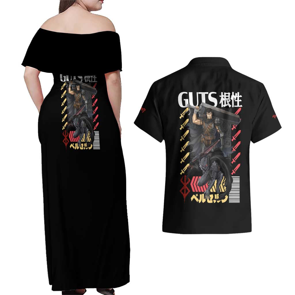 Guts V2 Berserk Ball Couples Matching Off Shoulder Maxi Dress and Hawaiian Shirt Anime Style