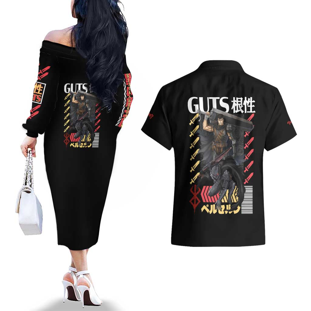 Guts V2 Berserk Ball Couples Matching Off The Shoulder Long Sleeve Dress and Hawaiian Shirt Anime Style