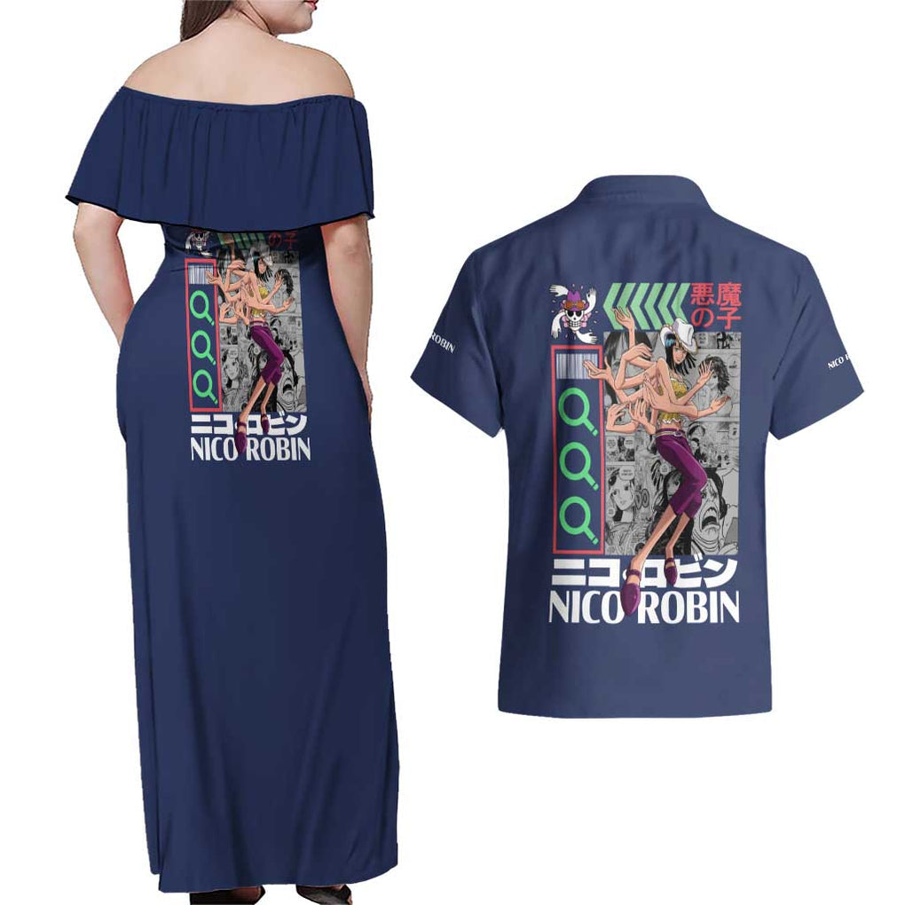 Nico Robin - Straw Hat Team - One Piece Couples Matching Off Shoulder Maxi Dress and Hawaiian Shirt Anime Style