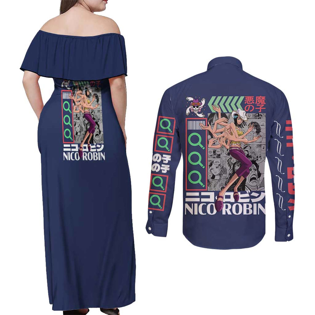Nico Robin - Straw Hat Team - One Piece Couples Matching Off Shoulder Maxi Dress and Long Sleeve Button Shirt Anime Style