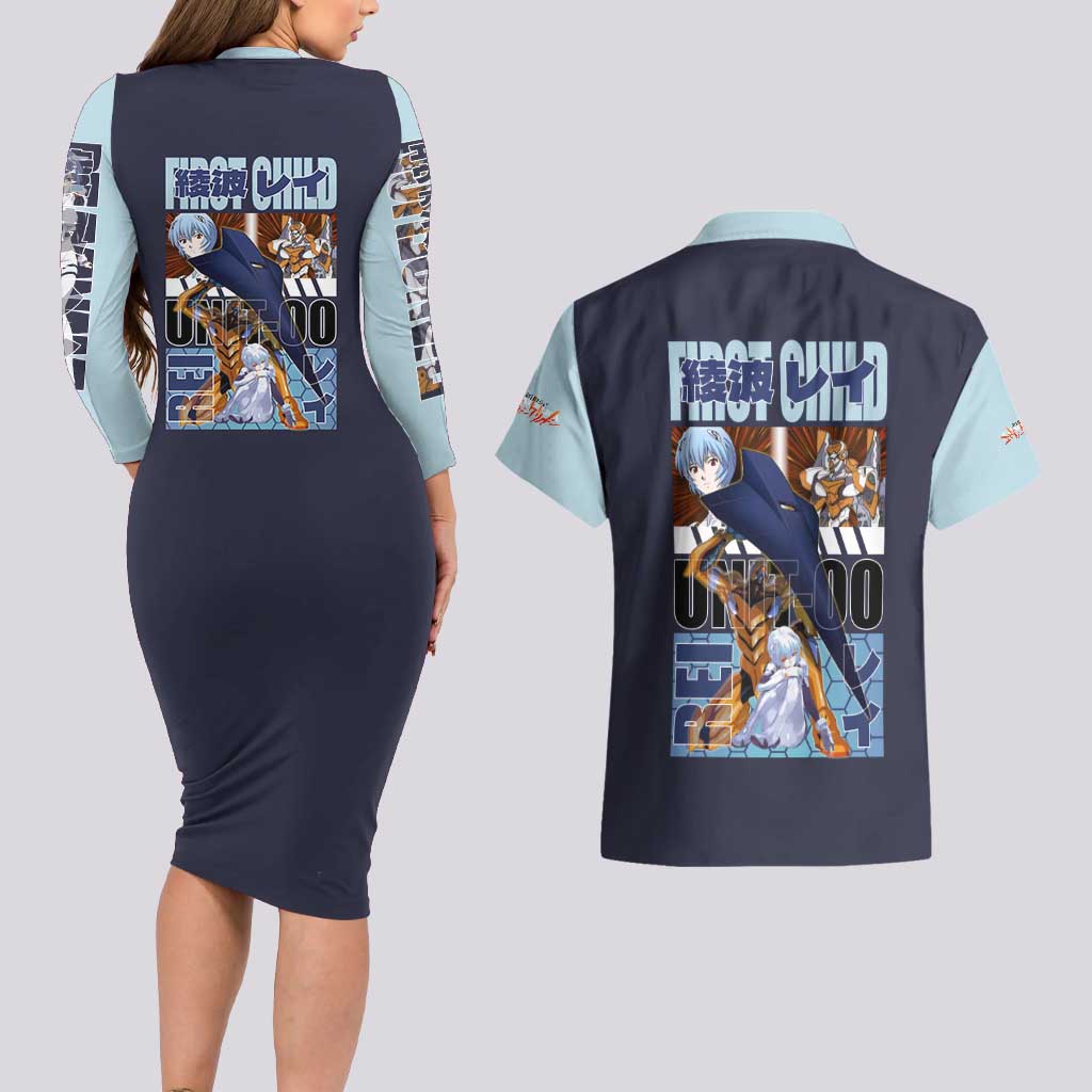 Rei Ayanami x Eva 00 Neon Genesis Evangelion Couples Matching Long Sleeve Bodycon Dress and Hawaiian Shirt Anime Style