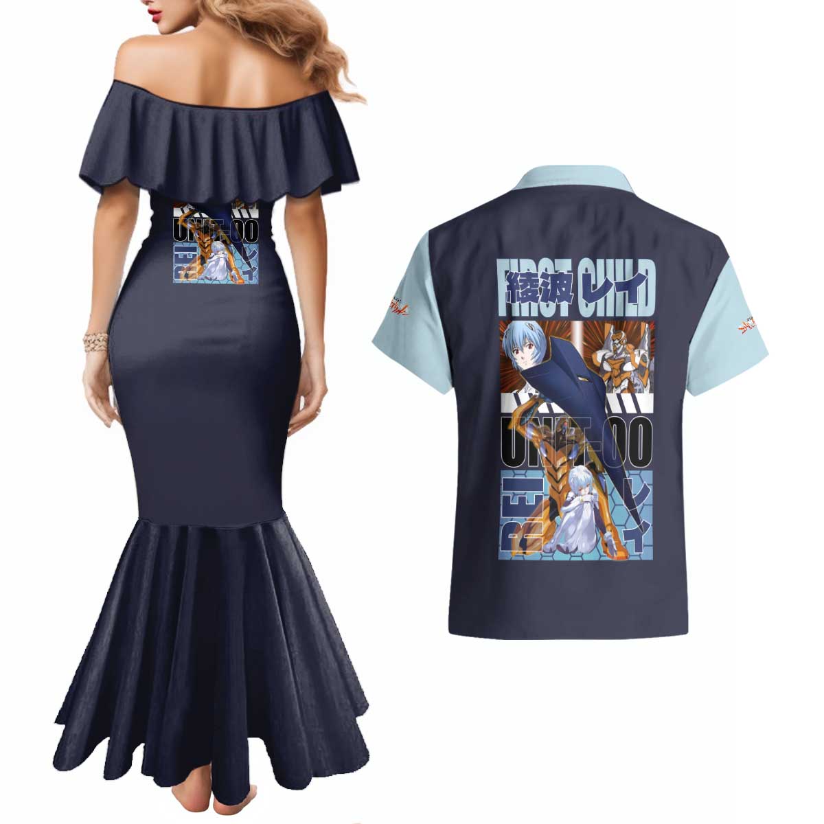 Rei Ayanami x Eva 00 Neon Genesis Evangelion Couples Matching Mermaid Dress and Hawaiian Shirt Anime Style