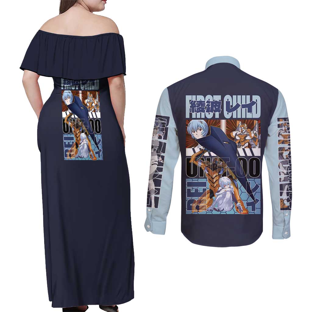 Rei Ayanami x Eva 00 Neon Genesis Evangelion Couples Matching Off Shoulder Maxi Dress and Long Sleeve Button Shirt Anime Style