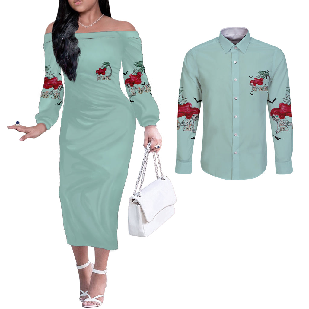 salty-witch-mermaid-halloween-couples-matching-off-the-shoulder-long-sleeve-dress-and-long-sleeve-button-shirt