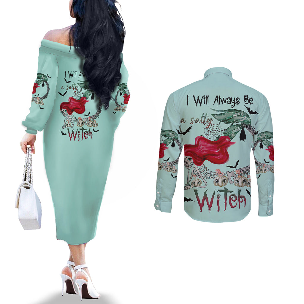 salty-witch-mermaid-halloween-couples-matching-off-the-shoulder-long-sleeve-dress-and-long-sleeve-button-shirt