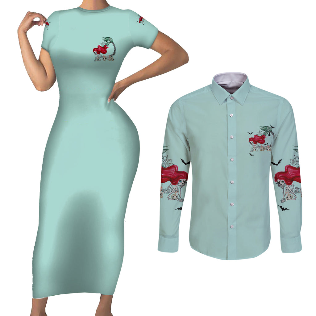 salty-witch-mermaid-halloween-couples-matching-short-sleeve-bodycon-dress-and-long-sleeve-button-shirt