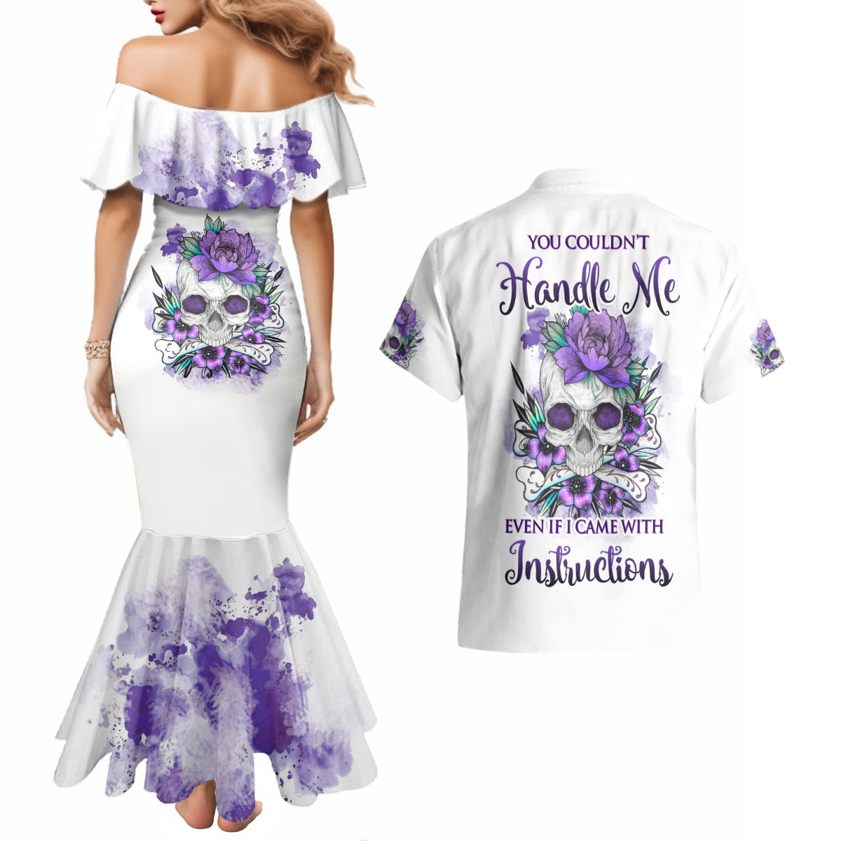 you-couldnt-handle-me-skul-couples-matching-mermaid-dress-and-hawaiian-shirt