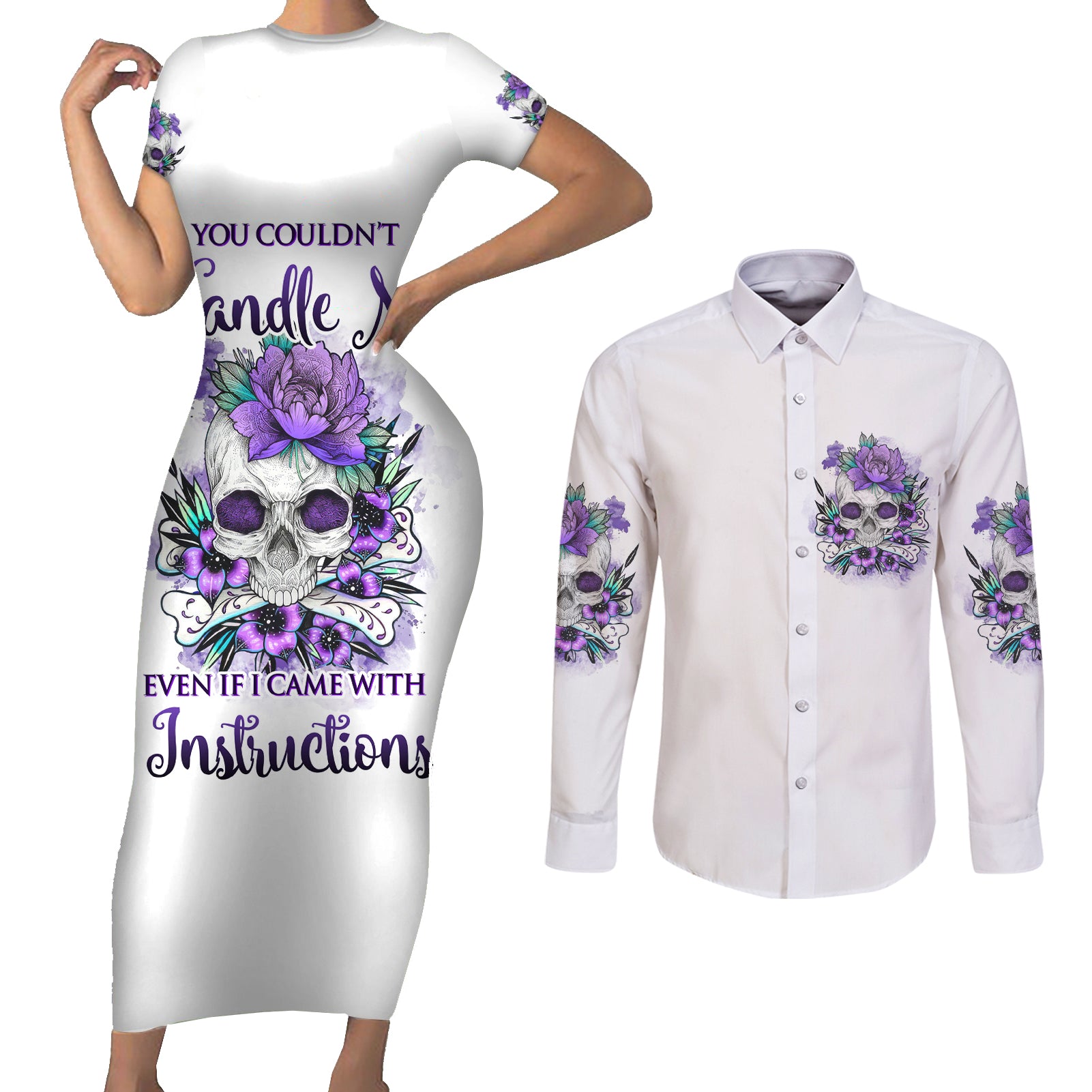 you-couldnt-handle-me-skul-couples-matching-short-sleeve-bodycon-dress-and-long-sleeve-button-shirt