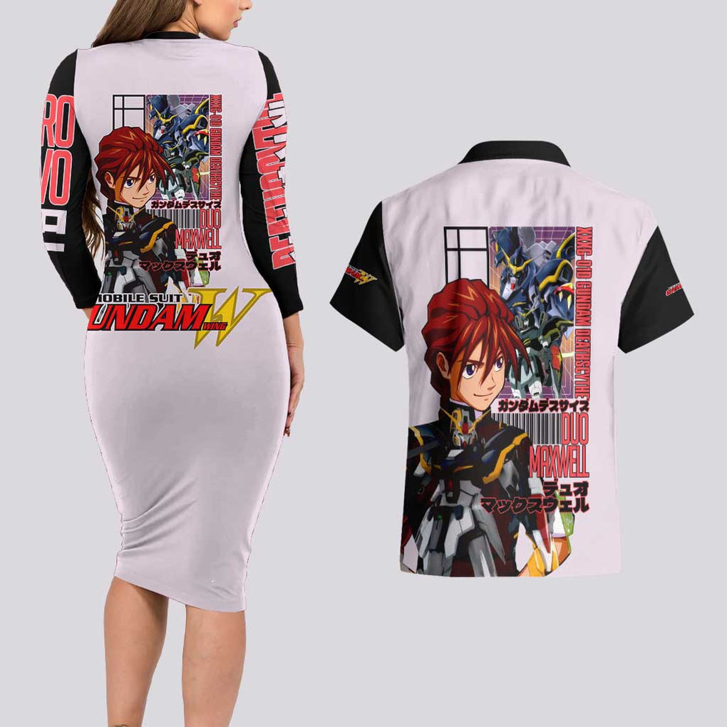Deathscythe x Duo Maxwell Gundam Wing Endless Waltz Couples Matching Long Sleeve Bodycon Dress and Hawaiian Shirt Anime Style