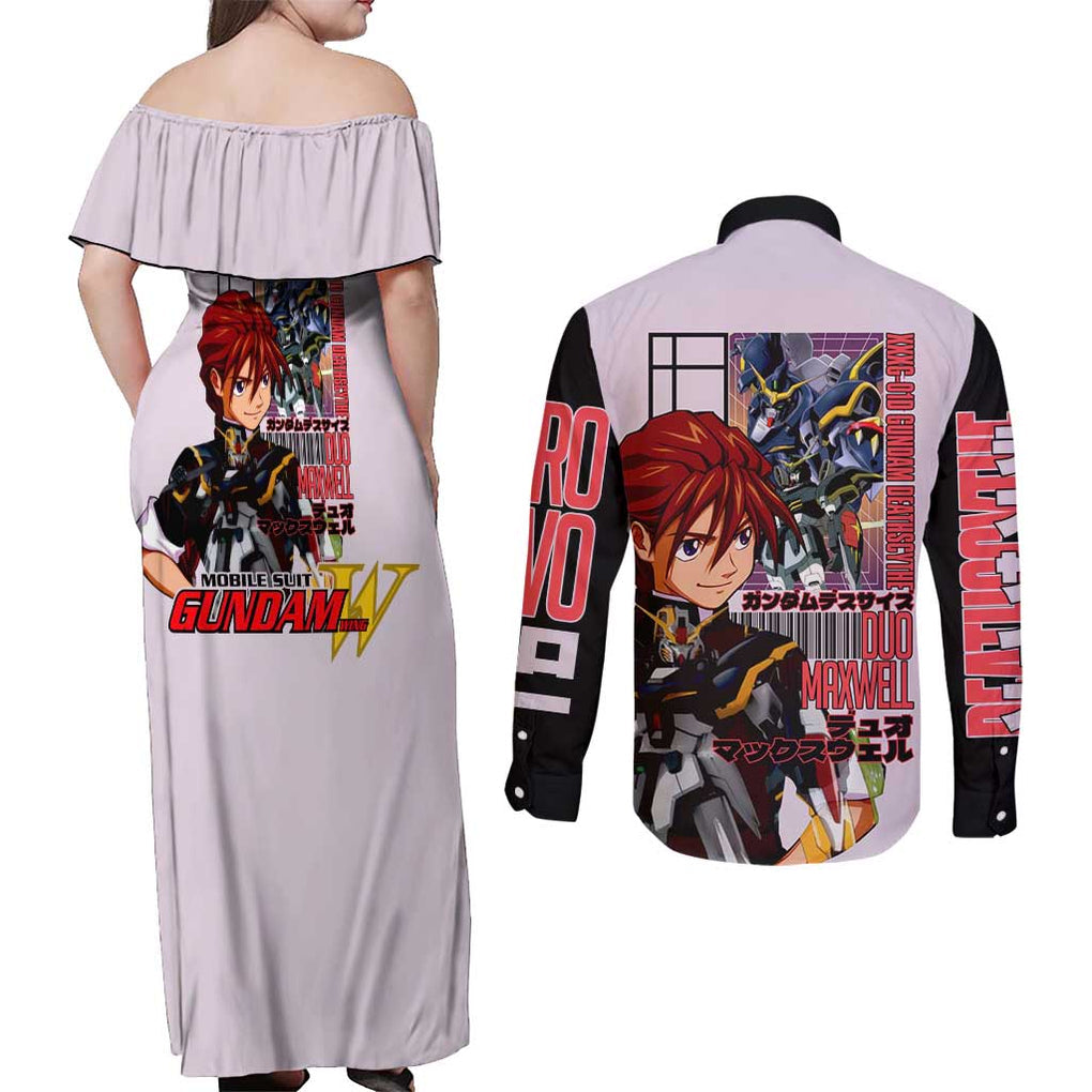 Deathscythe x Duo Maxwell Gundam Wing Endless Waltz Couples Matching Off Shoulder Maxi Dress and Long Sleeve Button Shirt Anime Style