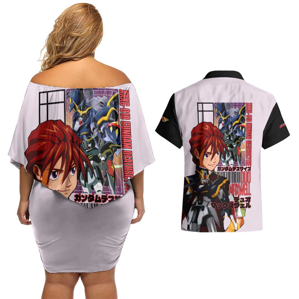 Deathscythe x Duo Maxwell Gundam Wing Endless Waltz Couples Matching Off Shoulder Short Dress and Hawaiian Shirt Anime Style