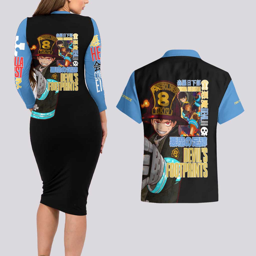 Shinra Kusakabe Fire Force Couples Matching Long Sleeve Bodycon Dress and Hawaiian Shirt Anime Style