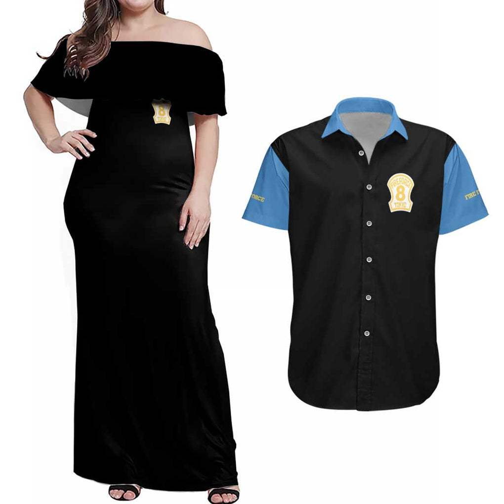 Shinra Kusakabe Fire Force Couples Matching Off Shoulder Maxi Dress and Hawaiian Shirt Anime Style