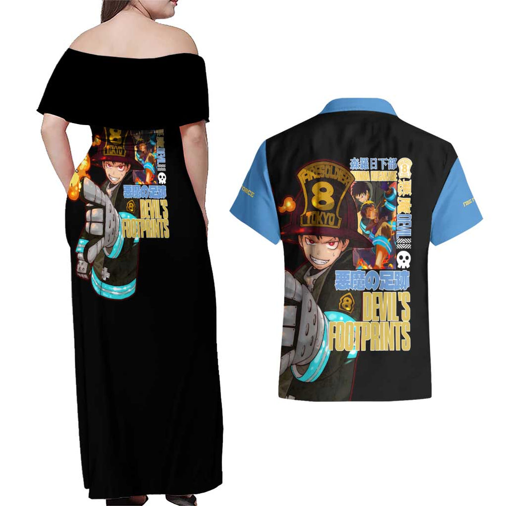 Shinra Kusakabe Fire Force Couples Matching Off Shoulder Maxi Dress and Hawaiian Shirt Anime Style