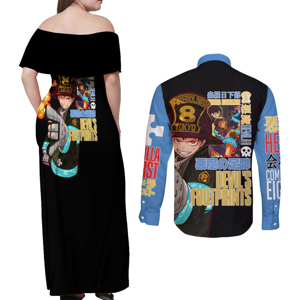 Shinra Kusakabe Fire Force Couples Matching Off Shoulder Maxi Dress and Long Sleeve Button Shirt Anime Style