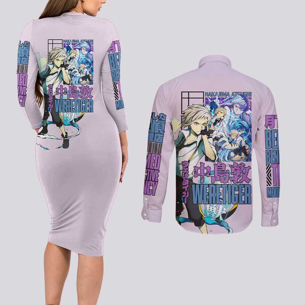 Nakajima Atsushi Bungou Stray Dogs Couples Matching Long Sleeve Bodycon Dress and Long Sleeve Button Shirt Anime Style