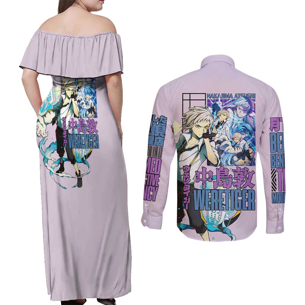 Nakajima Atsushi Bungou Stray Dogs Couples Matching Off Shoulder Maxi Dress and Long Sleeve Button Shirt Anime Style