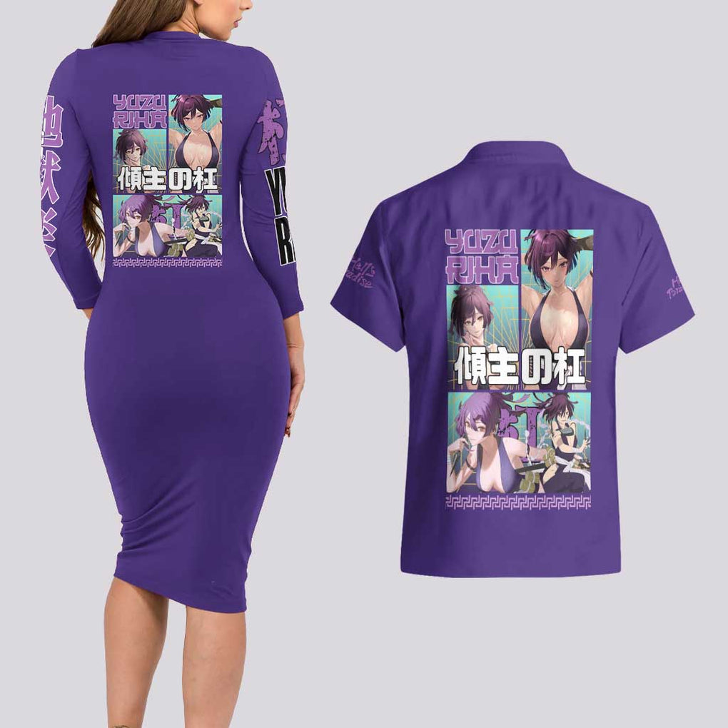 Yuzuriha Hell’s Paradise Couples Matching Long Sleeve Bodycon Dress and Hawaiian Shirt Anime Style