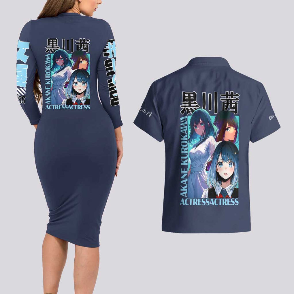 Akane Kurokawa Oshi no Ko Couples Matching Long Sleeve Bodycon Dress and Hawaiian Shirt Anime Style