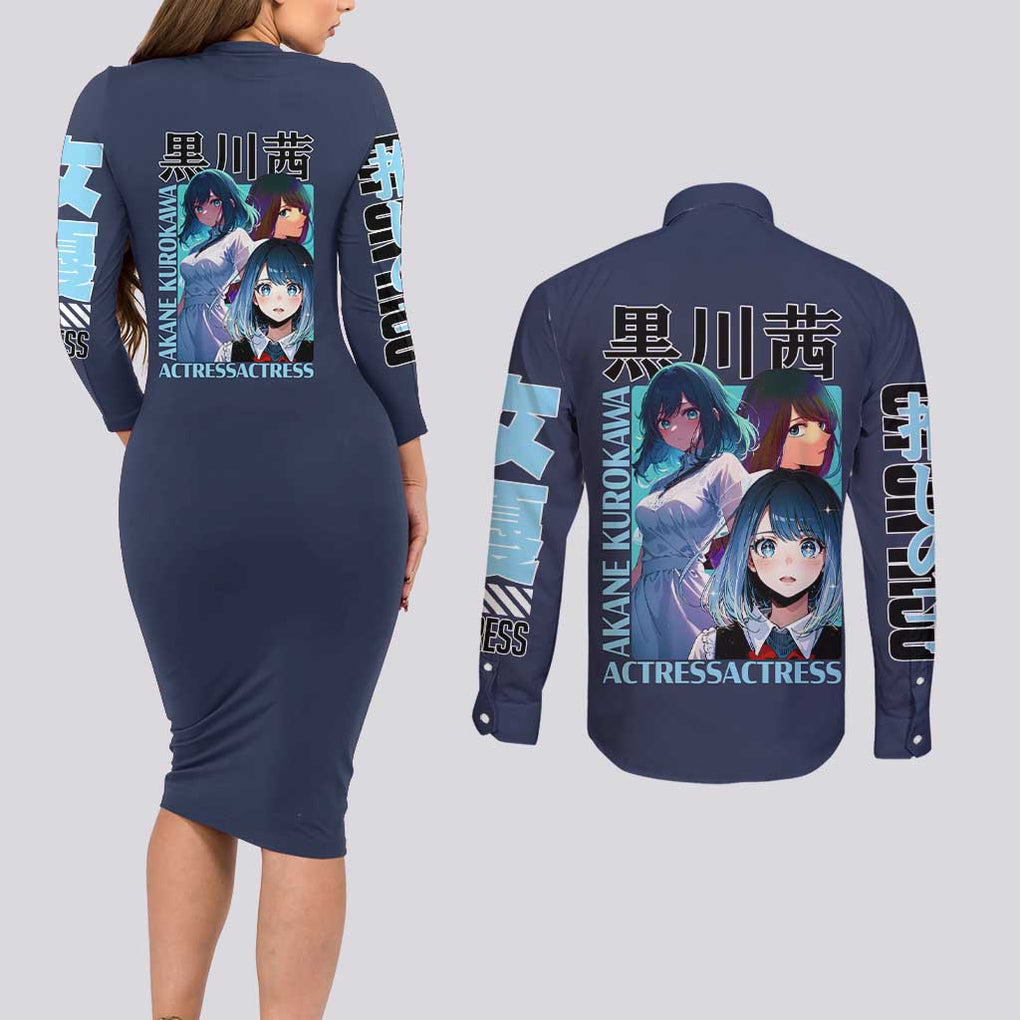 Akane Kurokawa Oshi no Ko Couples Matching Long Sleeve Bodycon Dress and Long Sleeve Button Shirt Anime Style