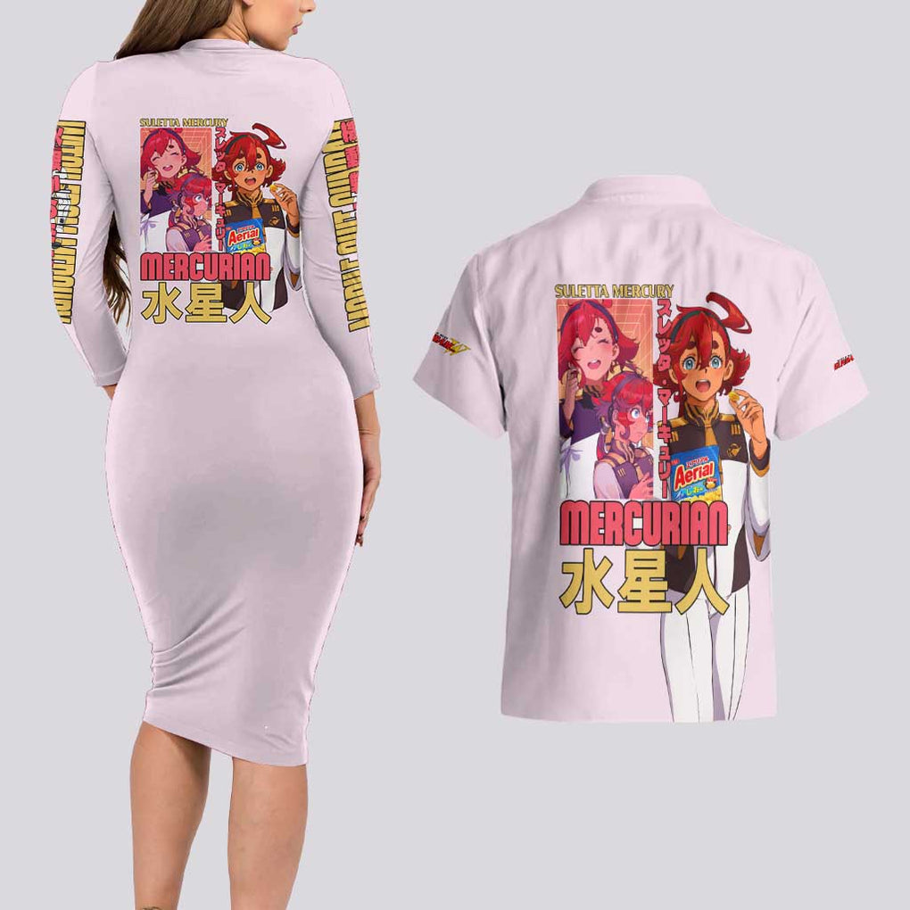Suletta Mercury Gundam Witch from Mercury Couples Matching Long Sleeve Bodycon Dress and Hawaiian Shirt Anime Style