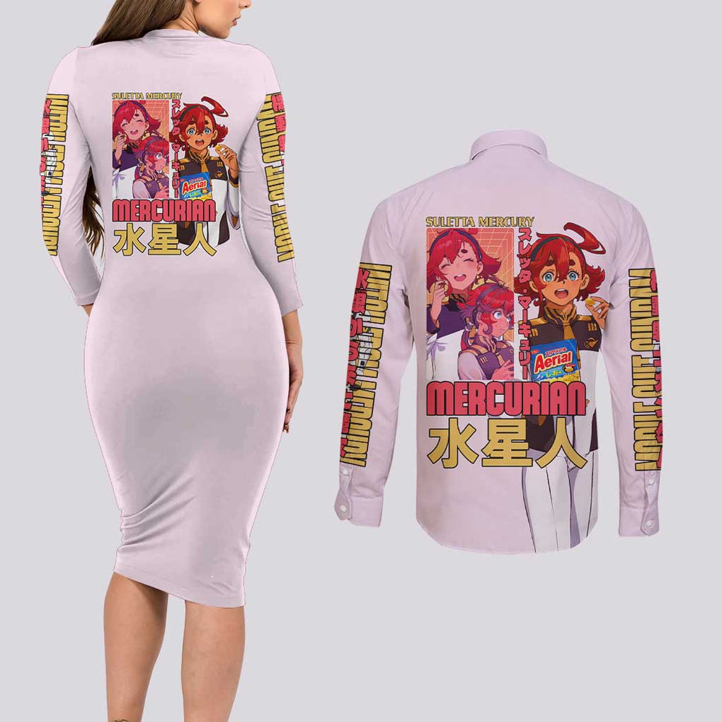 Suletta Mercury Gundam Witch from Mercury Couples Matching Long Sleeve Bodycon Dress and Long Sleeve Button Shirt Anime Style