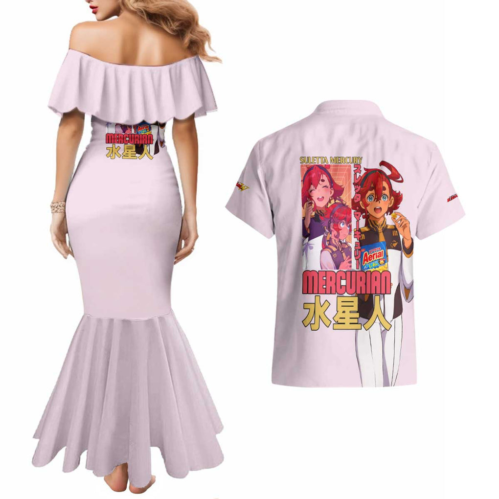 Suletta Mercury Gundam Witch from Mercury Couples Matching Mermaid Dress and Hawaiian Shirt Anime Style