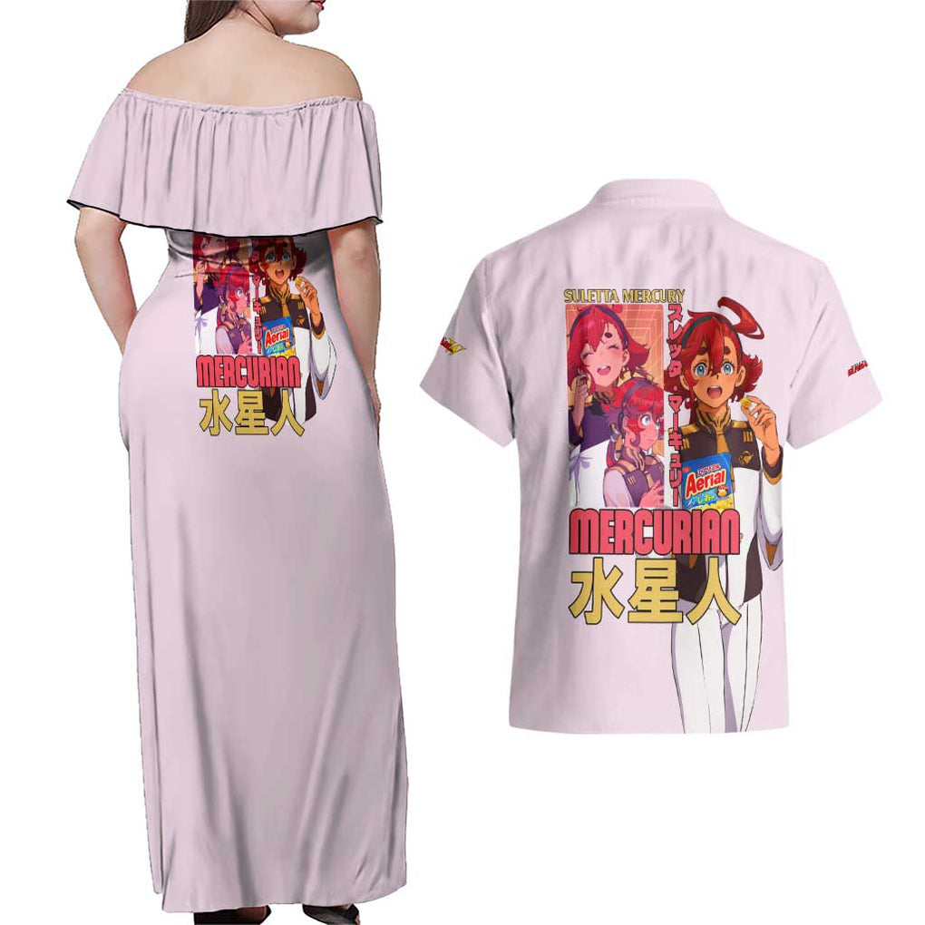 Suletta Mercury Gundam Witch from Mercury Couples Matching Off Shoulder Maxi Dress and Hawaiian Shirt Anime Style