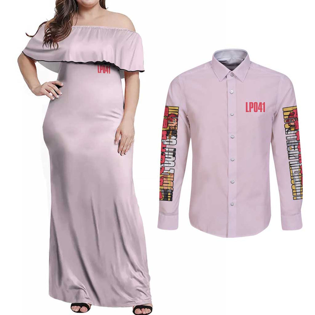 Suletta Mercury Gundam Witch from Mercury Couples Matching Off Shoulder Maxi Dress and Long Sleeve Button Shirt Anime Style