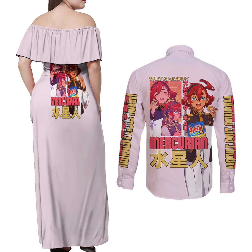 Suletta Mercury Gundam Witch from Mercury Couples Matching Off Shoulder Maxi Dress and Long Sleeve Button Shirt Anime Style