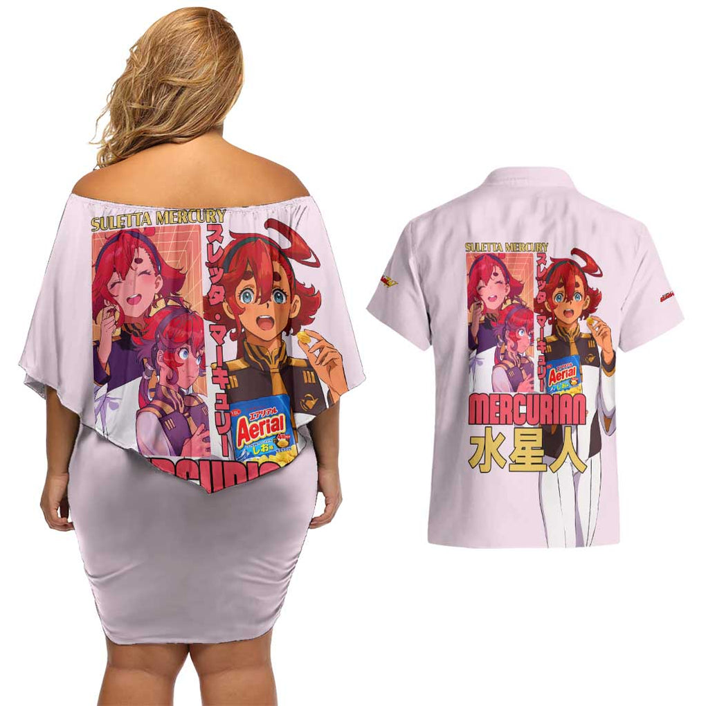 Suletta Mercury Gundam Witch from Mercury Couples Matching Off Shoulder Short Dress and Hawaiian Shirt Anime Style