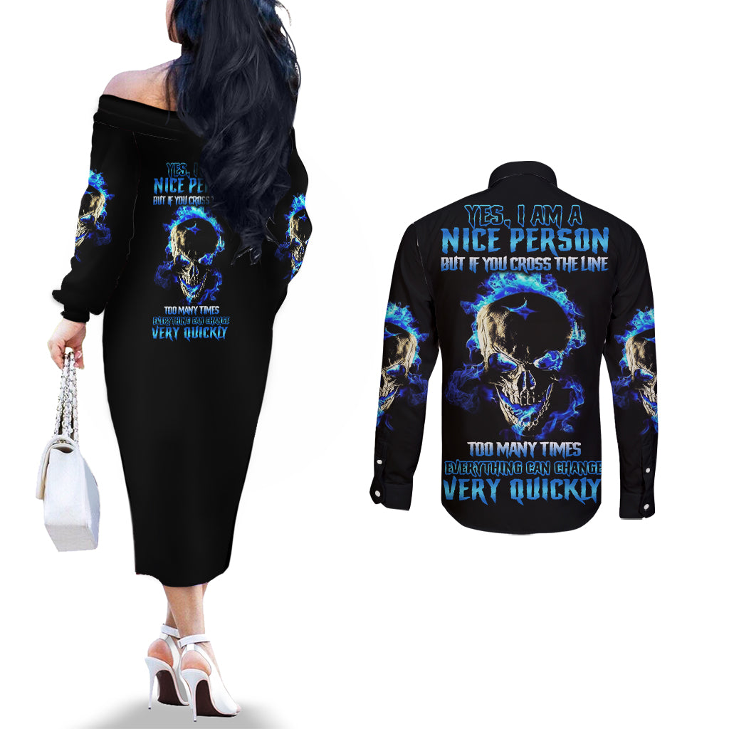 yes-im-a-nice-person-skull-fire-couples-matching-off-the-shoulder-long-sleeve-dress-and-long-sleeve-button-shirt