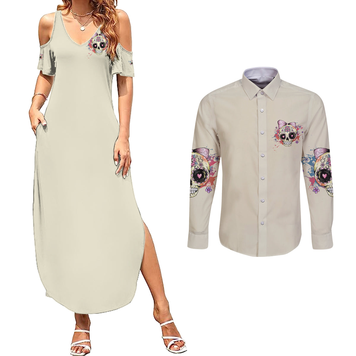 i-am-a-sweet-girl-skull-couples-matching-summer-maxi-dress-and-long-sleeve-button-shirt