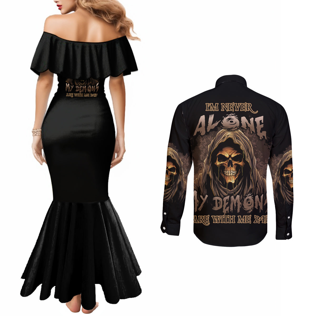 im-never-alone-skull-reaper-couples-matching-mermaid-dress-and-long-sleeve-button-shirt