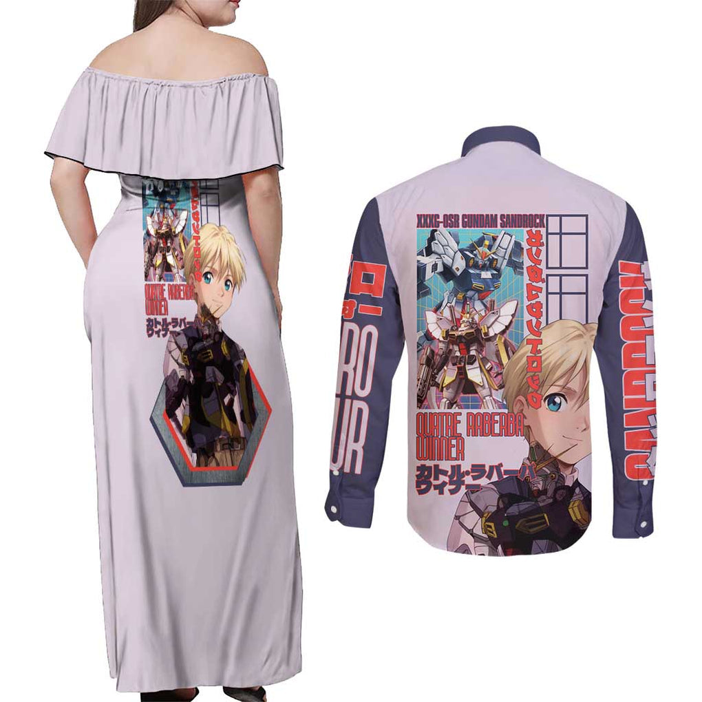 Sandrock x Quatre Raberba Winner Gundam Wing Endless Couples Matching Off Shoulder Maxi Dress and Long Sleeve Button Shirt Japan Anime Style