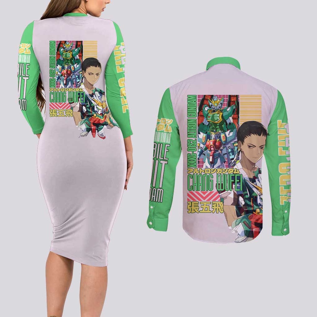 Nataku x Chang Wufei Gundam Wing Endless Waltz Couples Matching Long Sleeve Bodycon Dress and Long Sleeve Button Shirt Japan Anime Style
