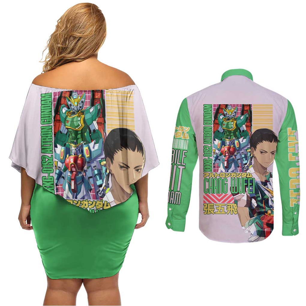 Nataku x Chang Wufei Gundam Wing Endless Waltz Couples Matching Off Shoulder Short Dress and Long Sleeve Button Shirt Japan Anime Style