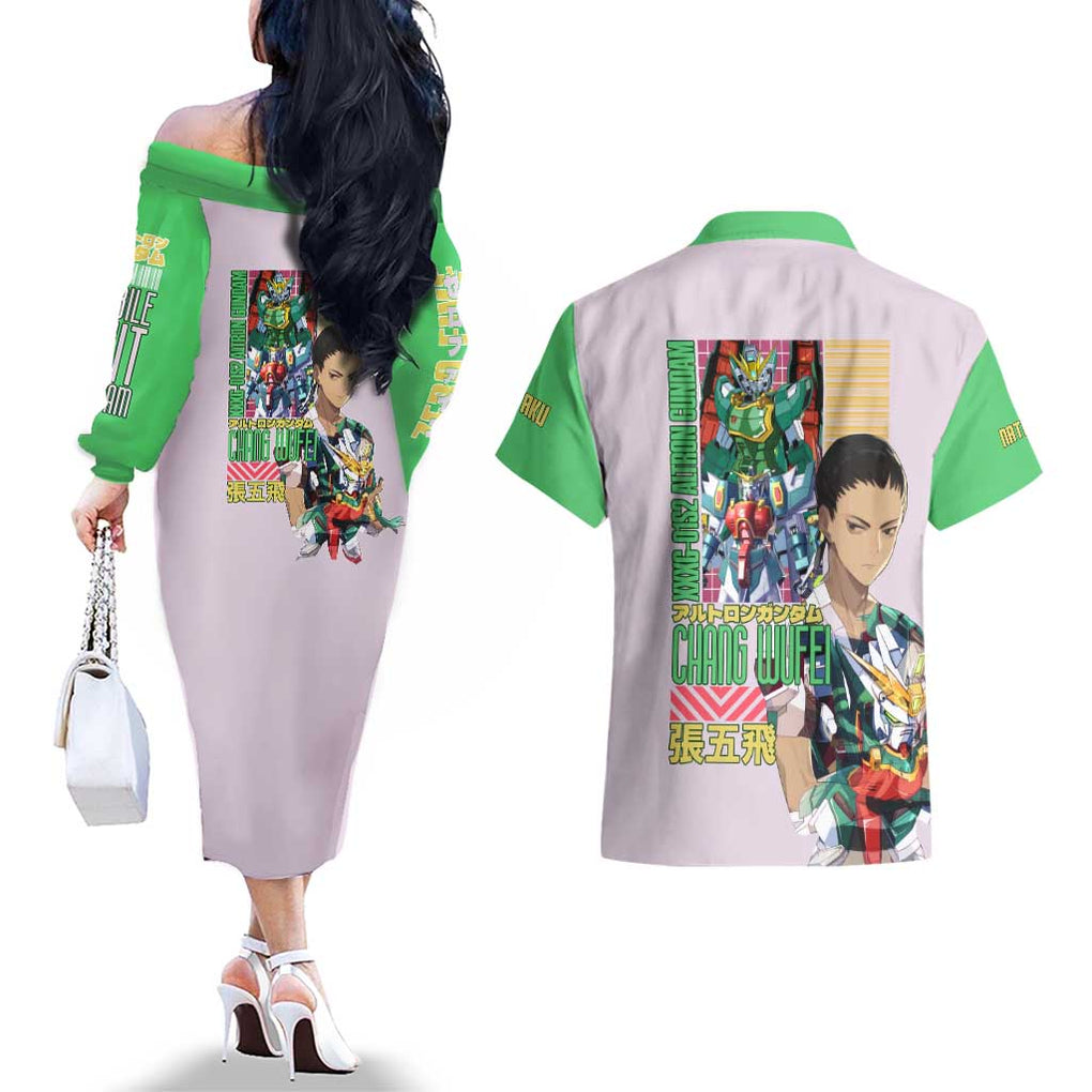 Nataku x Chang Wufei Gundam Wing Endless Waltz Couples Matching Off The Shoulder Long Sleeve Dress and Hawaiian Shirt Japan Anime Style