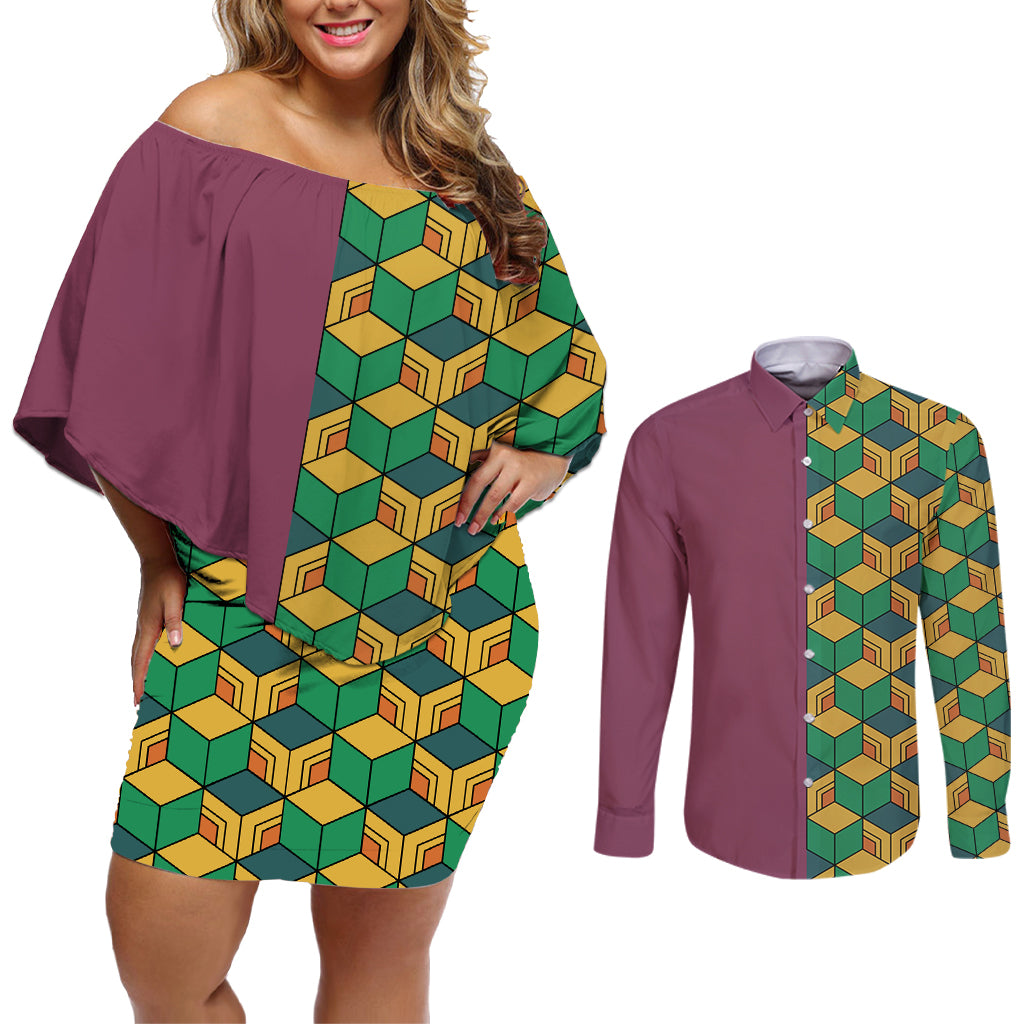 Tomioka Giyuu Couples Matching Off Shoulder Short Dress and Long Sleeve Button Shirt