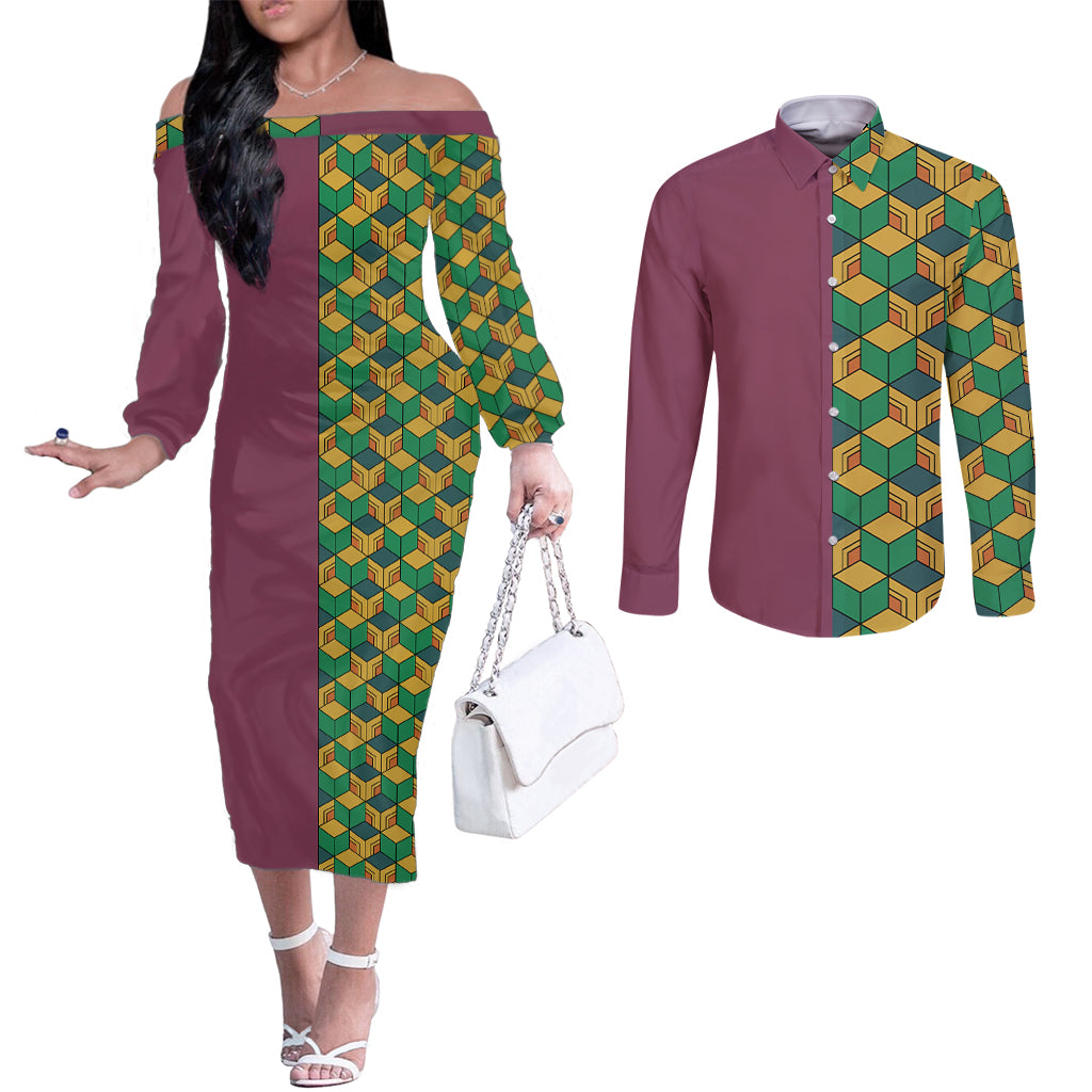 Tomioka Giyuu Couples Matching Off The Shoulder Long Sleeve Dress and Long Sleeve Button Shirt