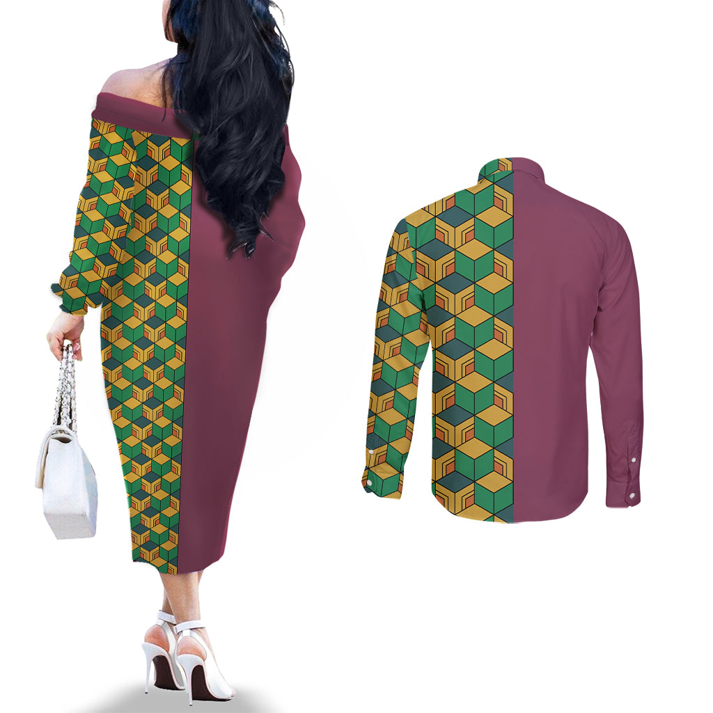 Tomioka Giyuu Couples Matching Off The Shoulder Long Sleeve Dress and Long Sleeve Button Shirt