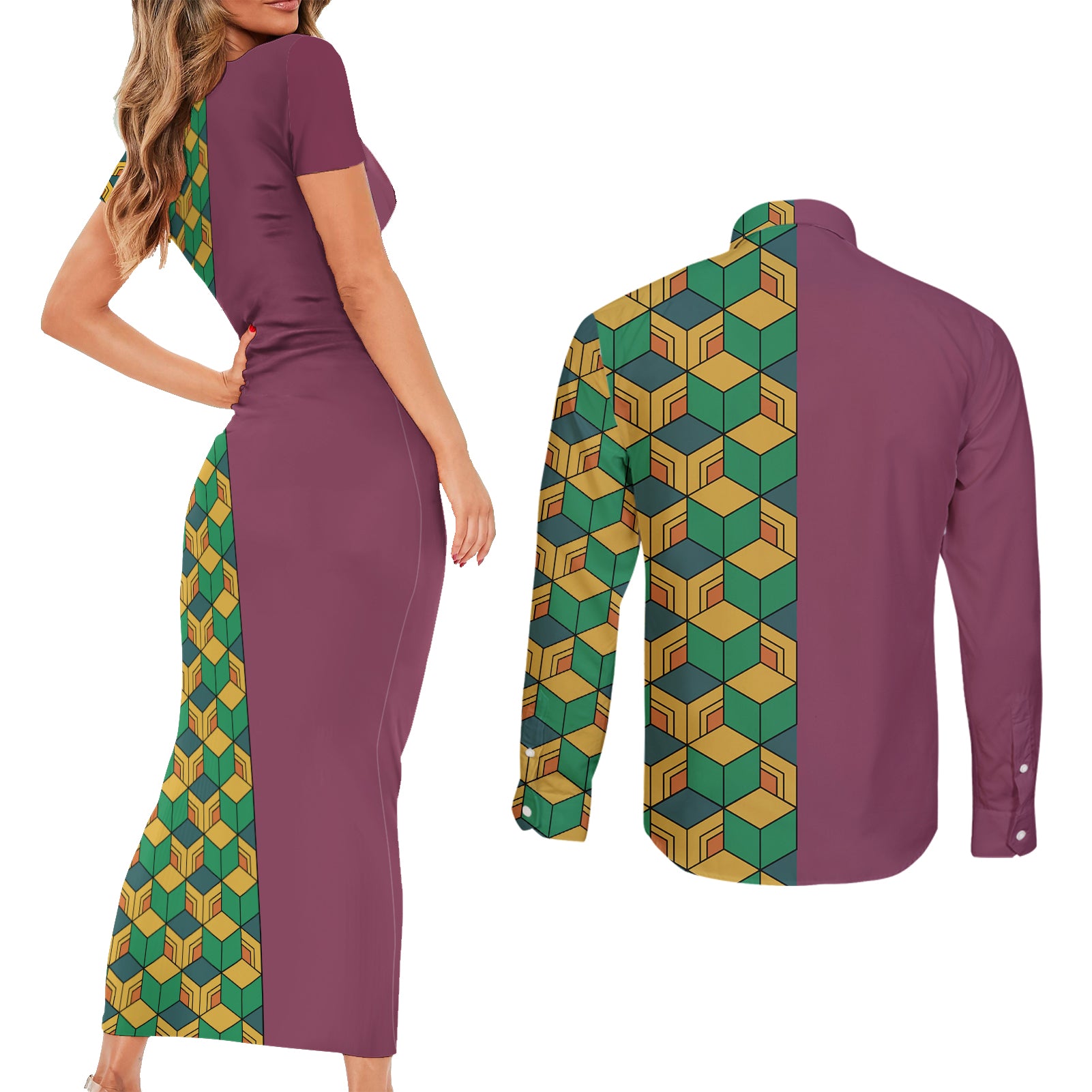 Tomioka Giyuu Couples Matching Short Sleeve Bodycon Dress and Long Sleeve Button Shirt