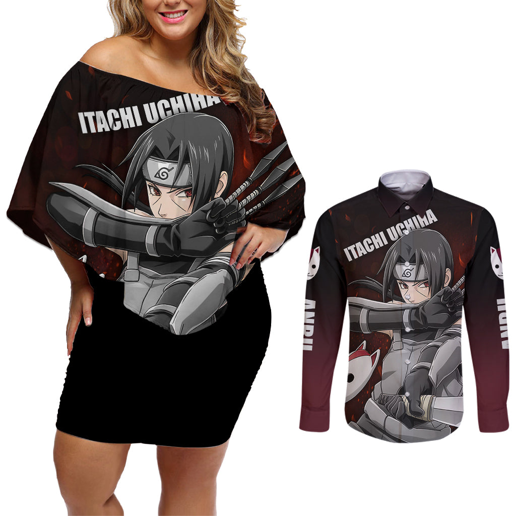 Itachi Anbu Couples Matching Off Shoulder Short Dress and Long Sleeve Button Shirt