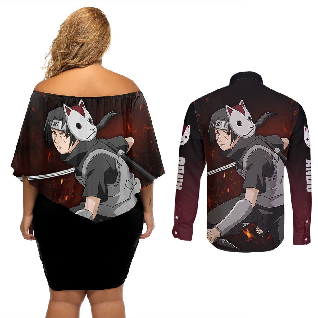 Itachi Anbu Couples Matching Off Shoulder Short Dress and Long Sleeve Button Shirt